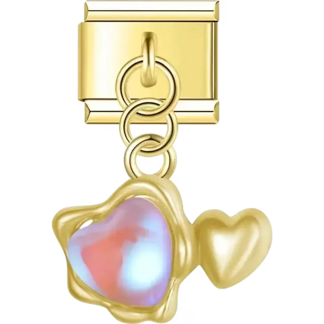 Dangling double heart charm with a red and white opalescent center Italian charm bracelet link