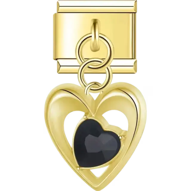 Dangling double heart charm with a black faceted center stone Italian charm bracelet link