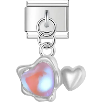 Dangling double heart charm with a red and white opalescent center Italian charm bracelet link