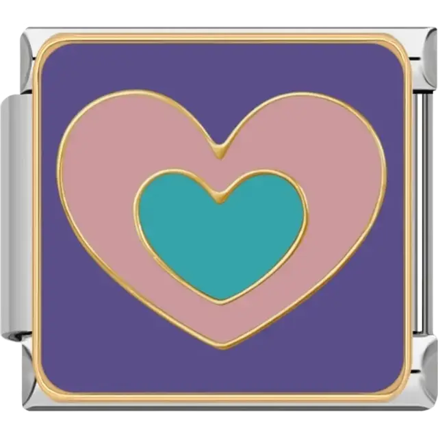 A pink heart with a smaller turquoise heart inside on a purple background Italian charm bracelet link