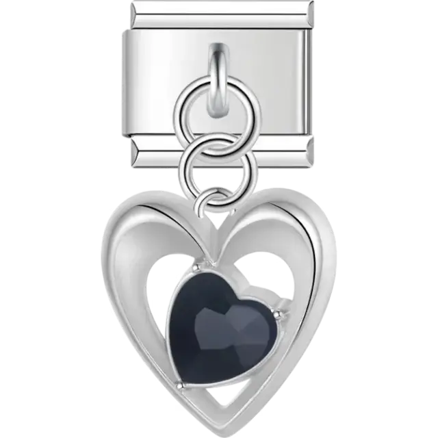 Dangling double heart charm with a black faceted center stone Italian charm bracelet link