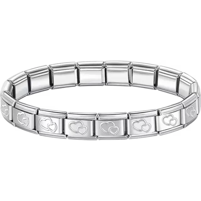 Stainless steel bracelet with engraved double heart pattern Italian charm bracelet
