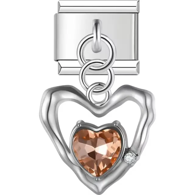 Open silver heart with gold-tone brown gemstone heart and clear crystal accent dangle Italian charm bracelet link