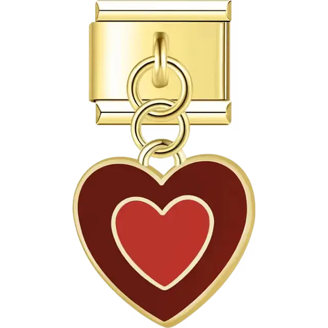 Gold dangle red heart burgundy border Italian charm bracelet link
