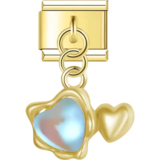 Double heart iridescent Italian charm bracelet link