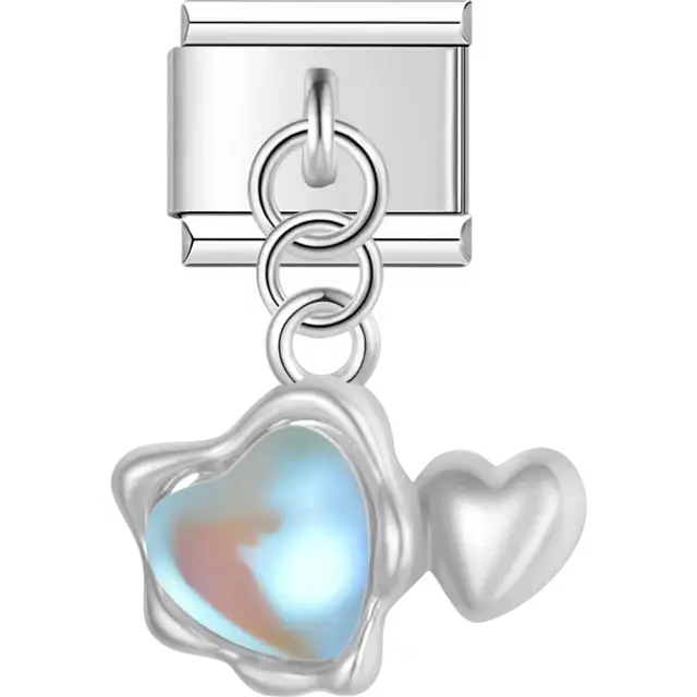 Double heart iridescent Italian charm bracelet link