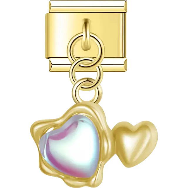 Double heart iridescent second heart Italian charm bracelet link