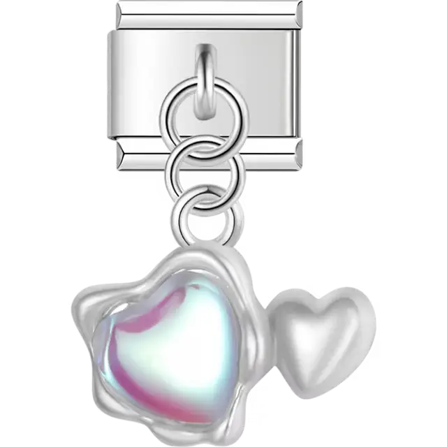 Double heart iridescent second heart Italian charm bracelet link