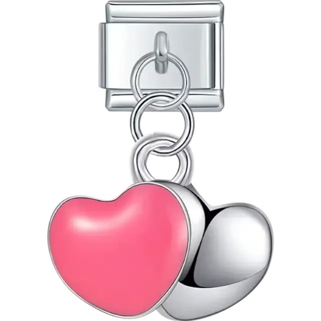 Pink and silver double-heart dangle design Italian charm bracelet link