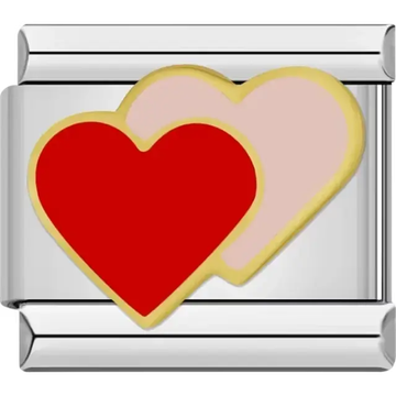 Red and blush hearts overlapping with gold outlines Italian charm bracelet link