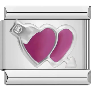 Two pink hearts with an arrow design Italian charm bracelet link