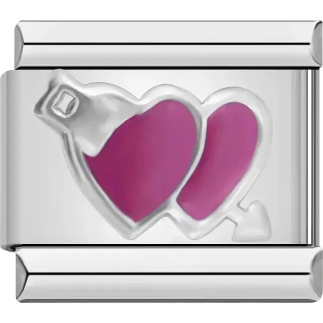 Two pink hearts with an arrow design Italian charm bracelet link