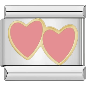 Two pink hearts with gold outlines Italian charm bracelet link