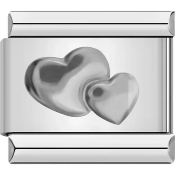 Two overlapping silver hearts on metal Italian charm bracelet link
