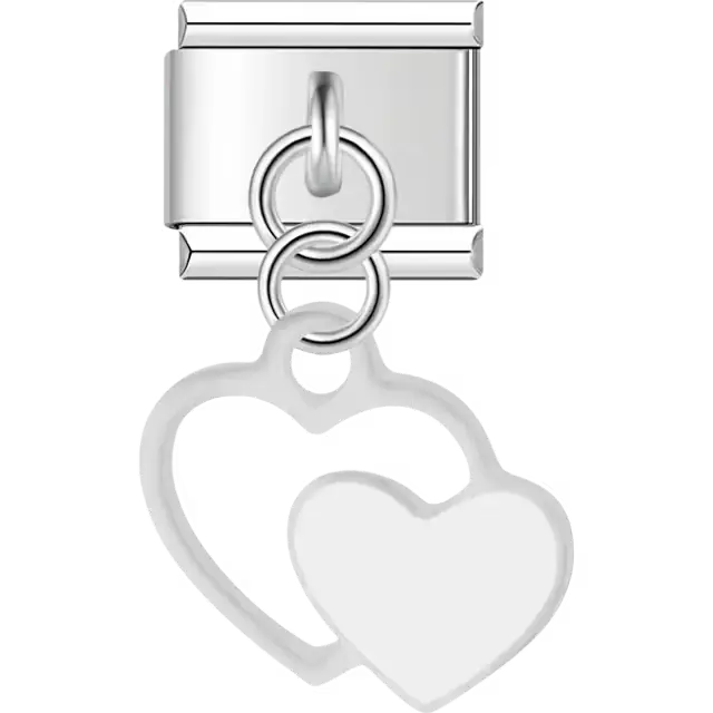 White double heart dangle Italian charm bracelet link