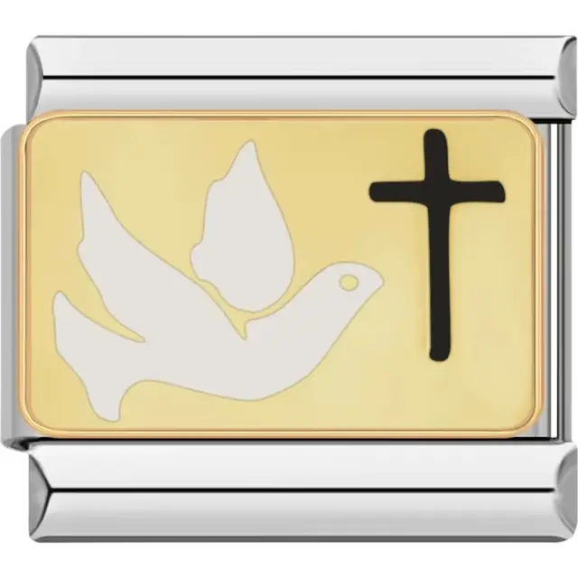 White dove and black cross on gold background Italian charm bracelet link