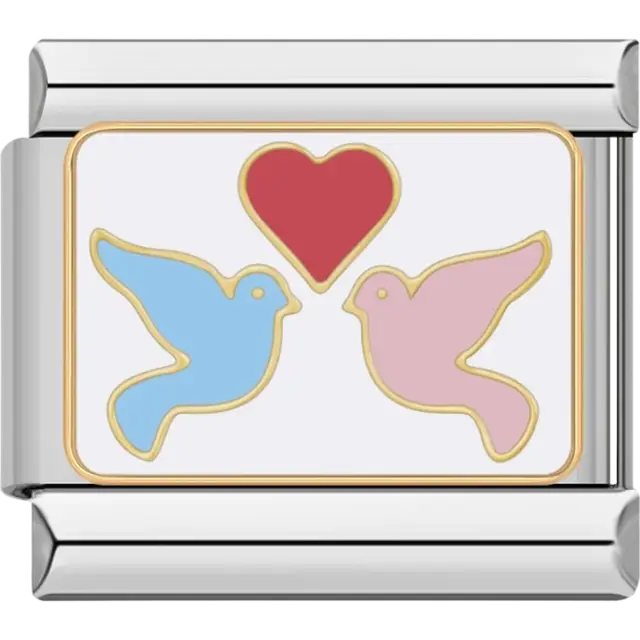 Blue dove and pink dove with red heart Italian charm bracelet link