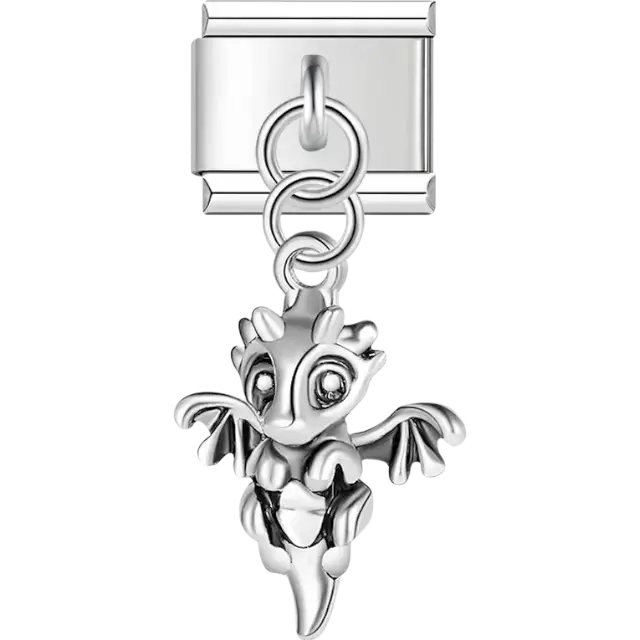 Dangling dragon charm with wings and a heart-shaped center Italian charm bracelet link