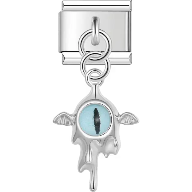 Blue dragon eye with wings design on dangle pendant Italian charm bracelet link