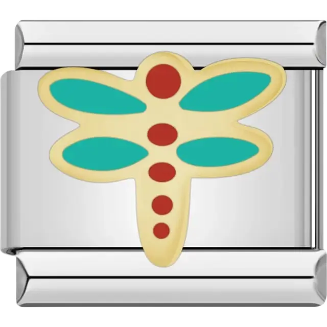 Gold dragonfly with teal wings and red dots Italian charm bracelet link