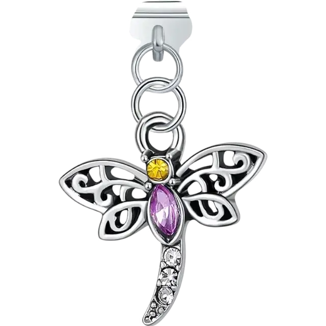 Yellow purple and clear crystal dragonfly dangle Italian charm bracelet link