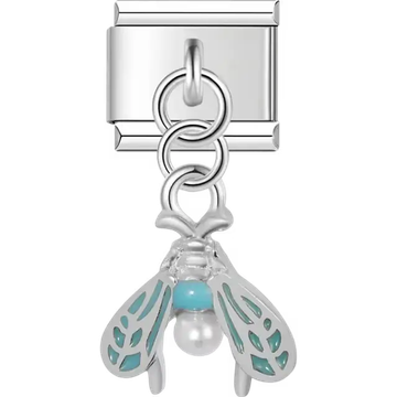 Turquoise dragonfly pearl accent dangle Italian charm bracelet link