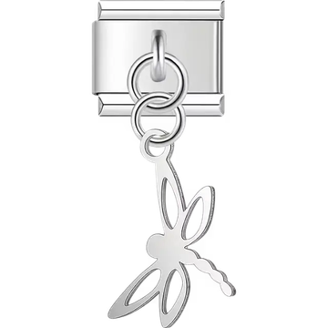 Hollow dragonfly with cut-out wings and dangling piece Italian charm bracelet link
