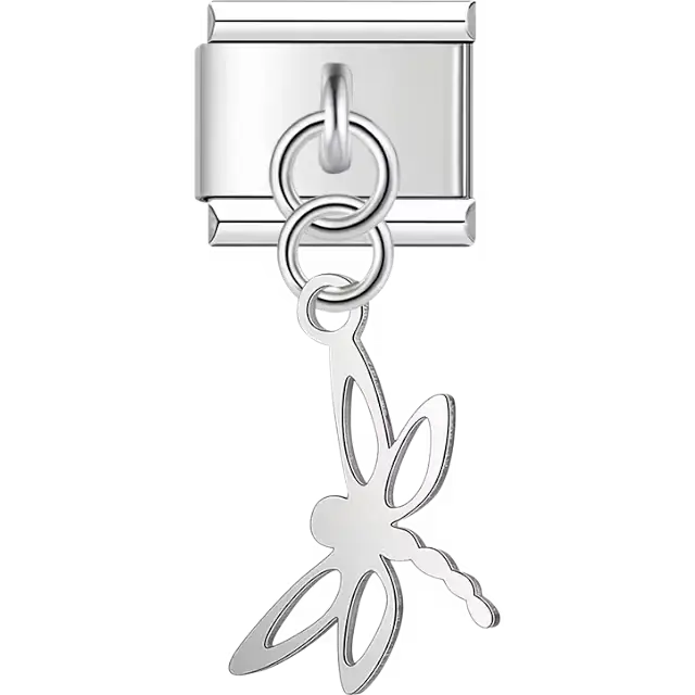 Hollow dragonfly with cut-out wings and dangling piece Italian charm bracelet link