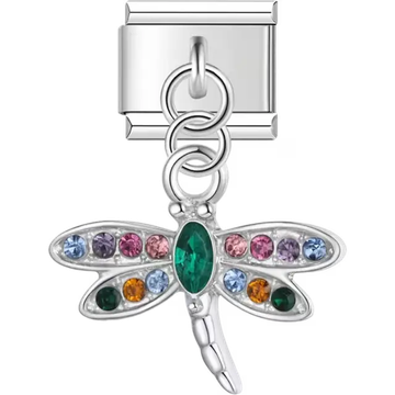 Dragonfly with multicolor gemstones dangle Italian charm bracelet link