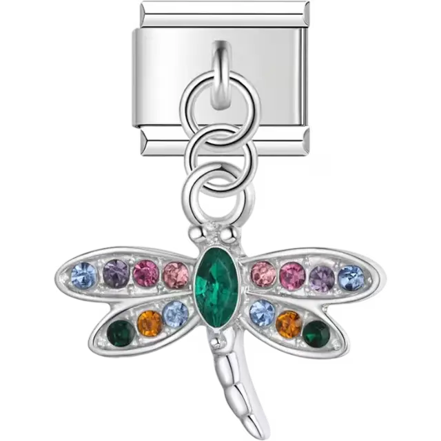 Dragonfly with multicolor gemstones dangle Italian charm bracelet link