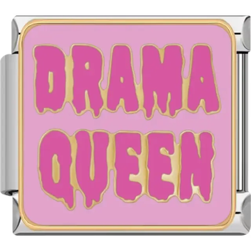 "DRAMA QUEEN" in bold pink and gold on a light pink background Italian charm bracelet link