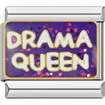 Gold embossed letters with pink confetti on a purple background rectangular Italian charm bracelet link