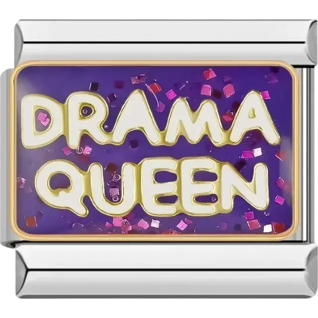 Gold embossed letters with pink confetti on a purple background rectangular Italian charm bracelet link