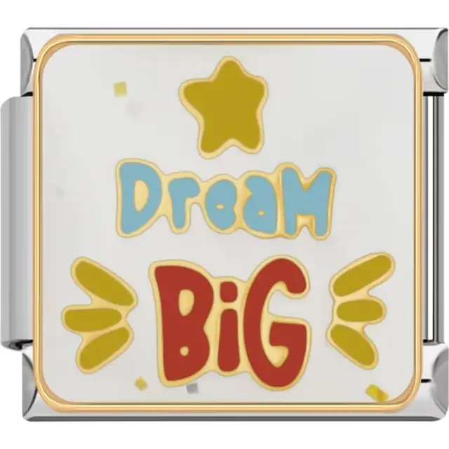 Gold, blue, and red "Dream Big" text with star Italian charm bracelet link