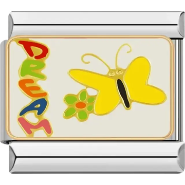 Bright yellow butterfly with a colorful flower and "Dream" text in rainbow colors Italian charm bracelet link