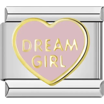 Pink heart with "DREAM GIRL" text in gold accents Italian charm bracelet link