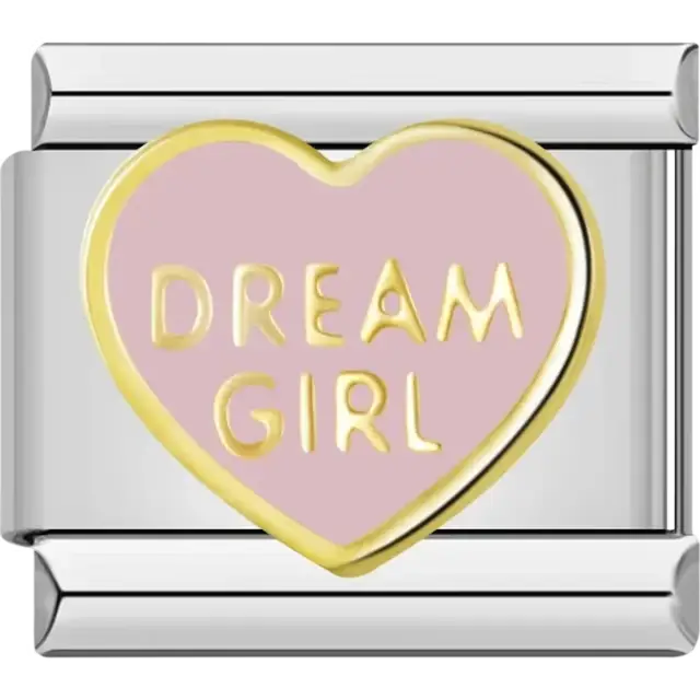Pink heart with "DREAM GIRL" text in gold accents Italian charm bracelet link