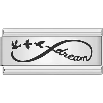Black infinity symbol with flying birds and the word "dream" Italian charm bracelet link
