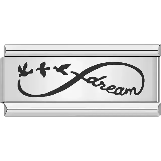 Black infinity symbol with flying birds and the word "dream" Italian charm bracelet link