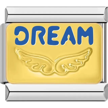 Blue "Dream" text with gold angel wings on a gold background Italian charm bracelet link