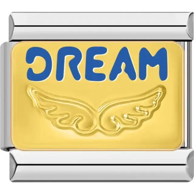 Blue "Dream" text with gold angel wings on a gold background Italian charm bracelet link
