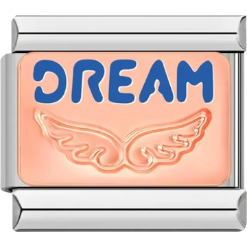 “DREAM” text in bold blue with wing symbol on a peach-toned background Italian charm bracelet link