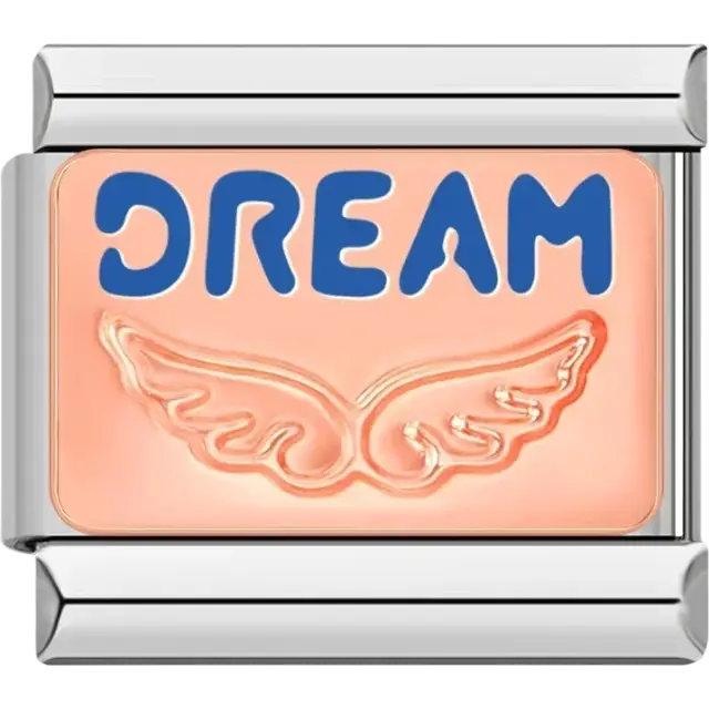 “DREAM” text in bold blue with wing symbol on a peach-toned background Italian charm bracelet link