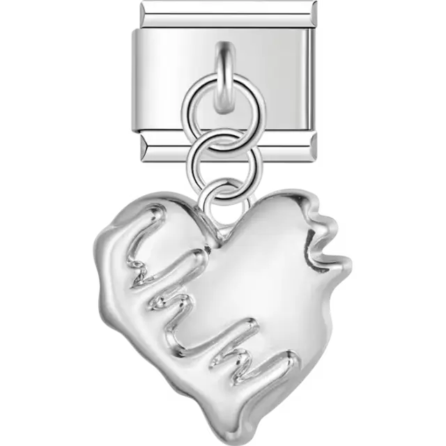Abstract dripping heart design in silver-tone finish dangling Italian charm bracelet link