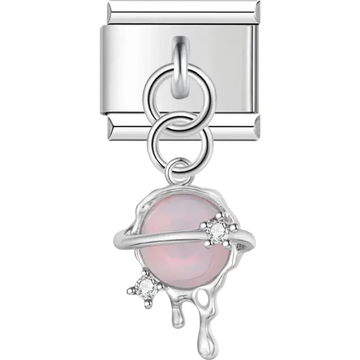 Sphere-shaped dangle with an orbital ring, crystal accents, and dripping details Italian charm bracelet link