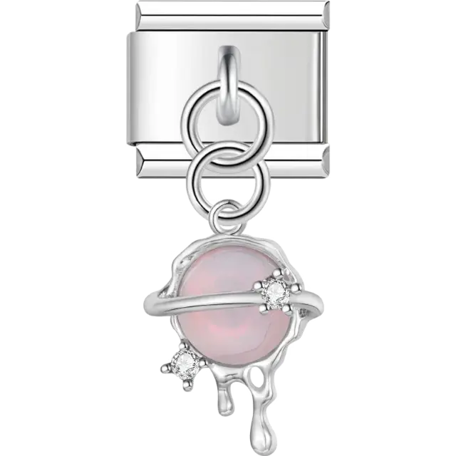 Sphere-shaped dangle with an orbital ring, crystal accents, and dripping details Italian charm bracelet link