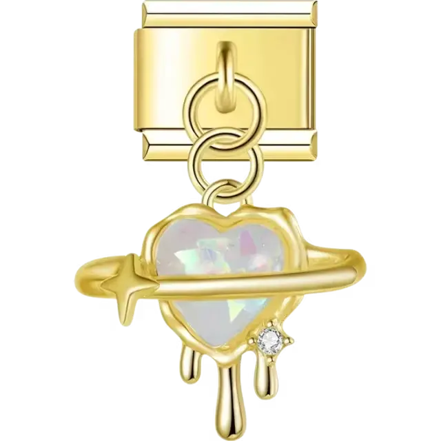Heart-shaped dangle with a holographic center, orbit ring, dripping accents, and a star detail Italian charm bracelet link
