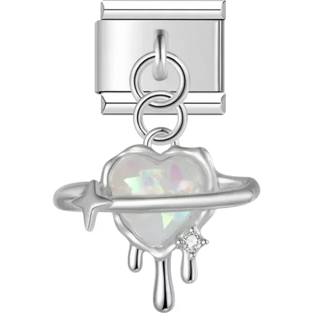 Heart-shaped dangle with a holographic center, orbit ring, dripping accents, and a star detail Italian charm bracelet link