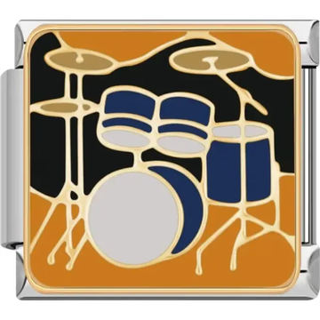 Drum set design with blue drums, gold cymbals, and black and brown accents Italian charm bracelet link