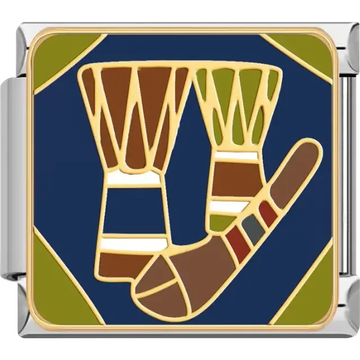 Brown drums with colorful accents and a patterned stick on a blue and green background Italian charm bracelet link